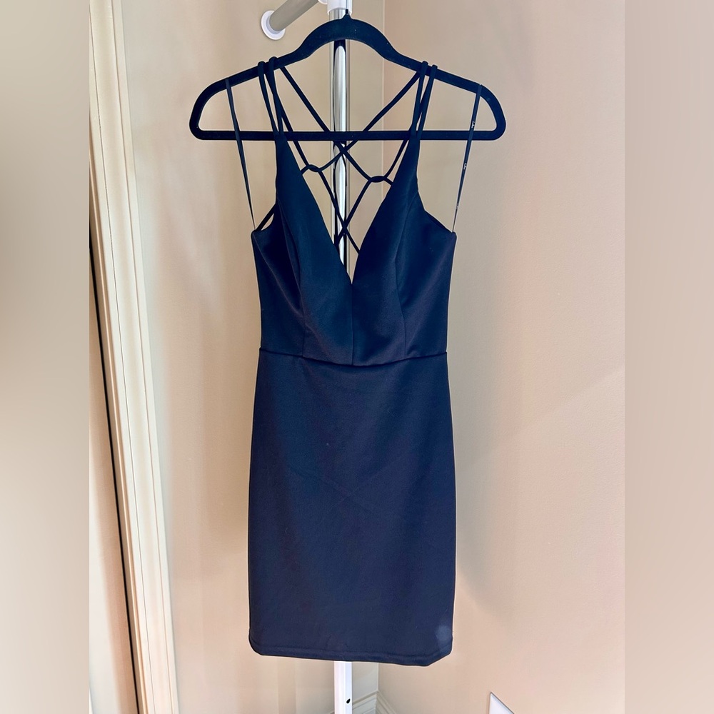 Lulus Black Strappy Mini Dress M | Plunge Neckline Cocktail Dress NWT